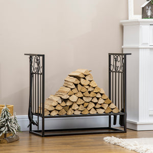 Support à bois de chauffage avec 4 outils pour foyer et base surélevée – Noir