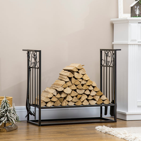Support à bois de chauffage avec 4 outils pour foyer et base surélevée – Noir
