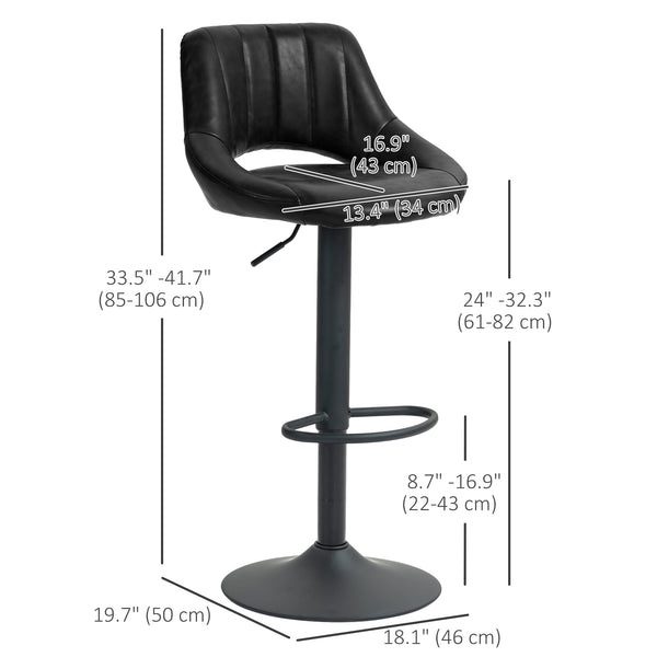 Lot de 2 tabourets de bar pivotants, rembourrés en similicuir, hauteur comptoir, avec base ronde en métal, Noir