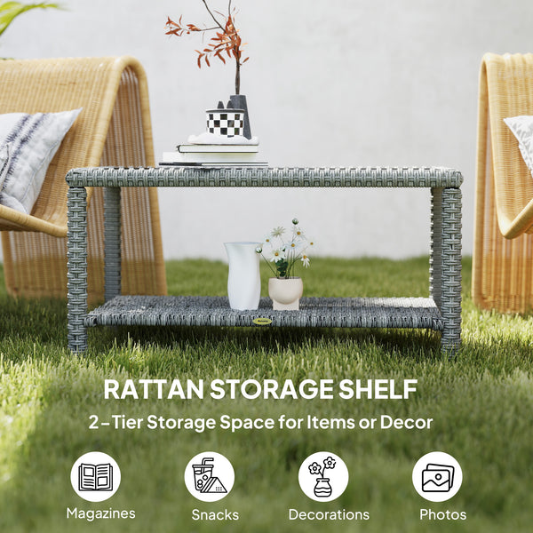 Table basse d'extérieur en résine tressée avec plateau en verre et étagère de rangement, gris