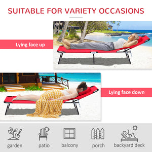 Adjustable Outdoor Lounge Chair, Garden Folding Chaise Lounge with Face Hole Reclining Tanning Chair Seat, Folding Camping Beach Lounging Bed w/ Support Pillow, Red