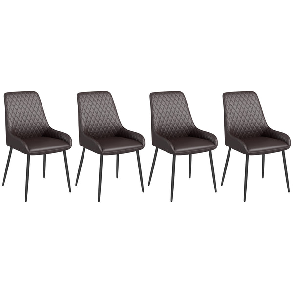 Set of 4 modern chairs with diamond-patterned tufting and steel legs, brown