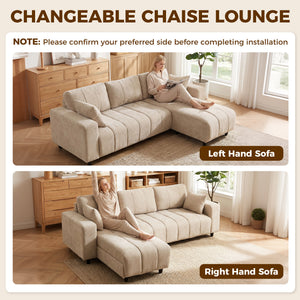 Canapé sectionnel en L beige avec méridienne réversible et ressorts ensachés, beige