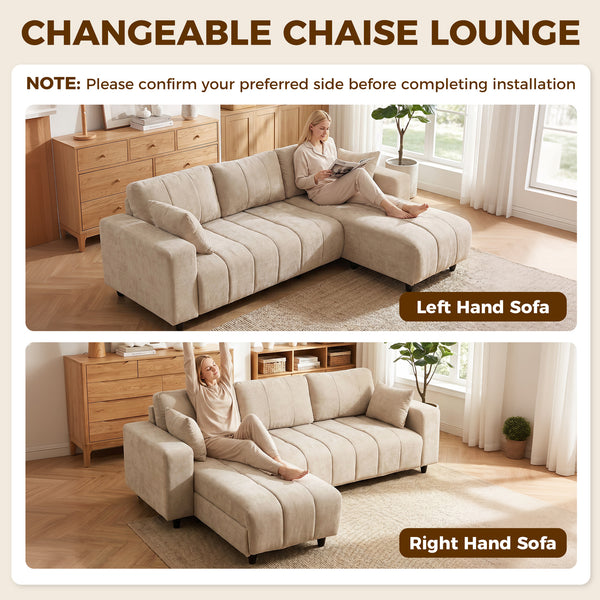 Canapé sectionnel en L beige avec méridienne réversible et ressorts ensachés, beige