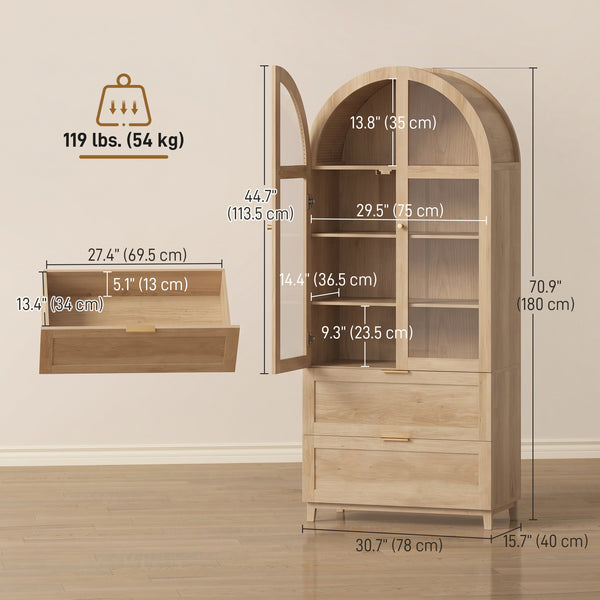 Garde-manger haut effet chêne avec portes arquées, tiroirs et tablettes ajustables