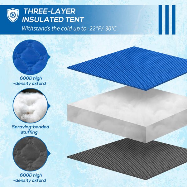 Insulated ice fishing shelter for 4 people, portable and foldable with carry bag and two doors, for temperatures down to -30°C, blue