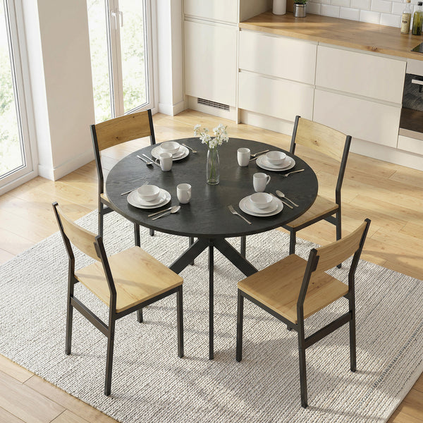 Table de salle à manger ronde contemporaine avec pieds en acier, aspect bois noir