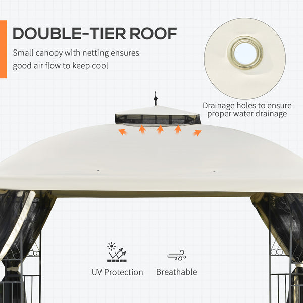 Gazebo 10 x 12 avec toit à double pente, parois latérales amovibles en filet et étagères triangulaires, beige