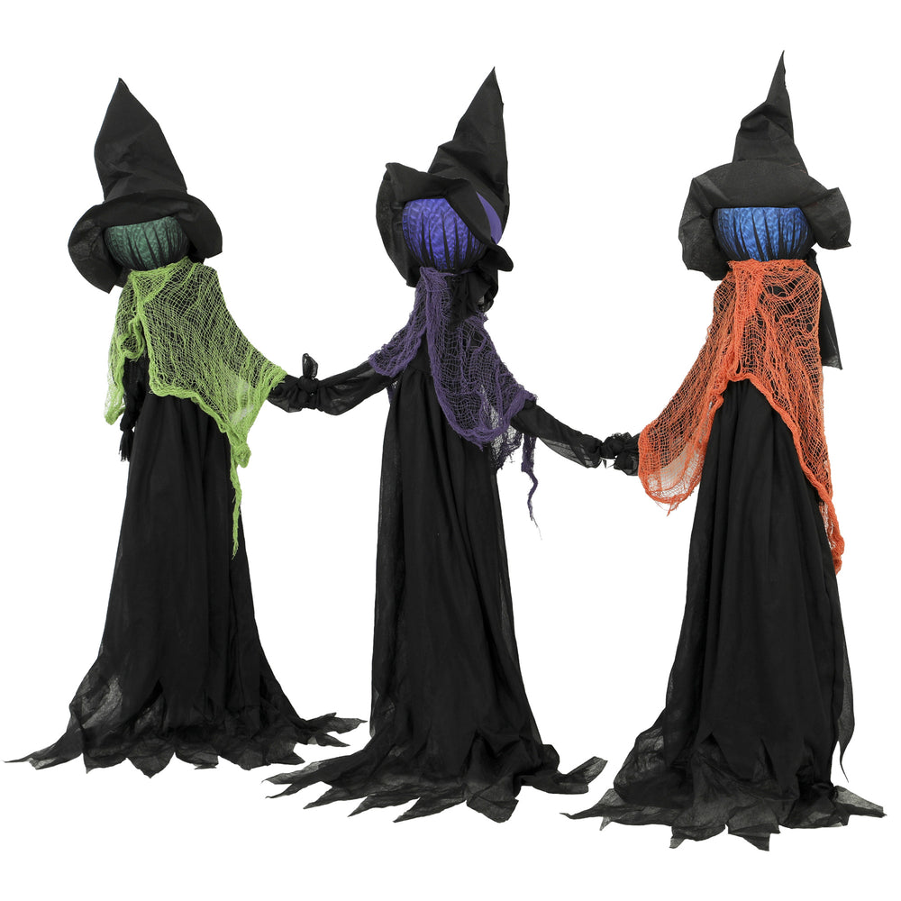 Trio de sorcières lumineuses d’Halloween avec piquets de jardin et minuterie – Noir, vert, orange et violet