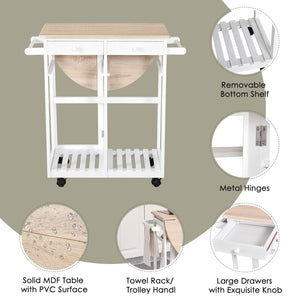 3-piece kitchen trolley including a drop-leaf breakfast table and 2 stools, in wood and white.