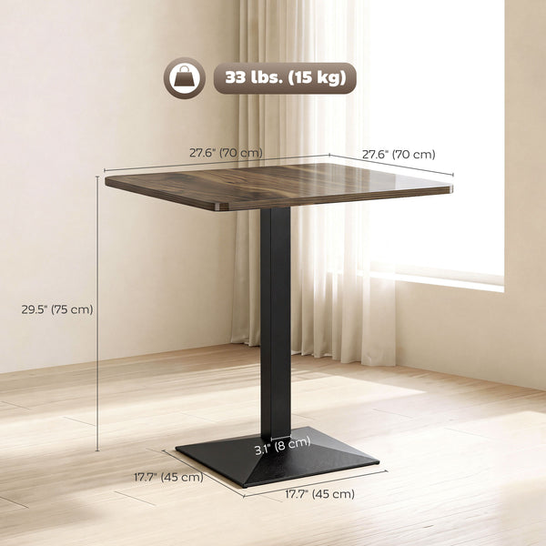 Table de salle à manger carrée avec piètement en acier, compacte et peu encombrante, aspect noyer.