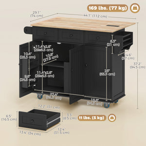 Îlot de cuisine mobile avec abattant, rangement et station de recharge – Noir et chêne