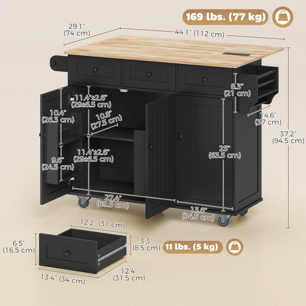 Îlot de cuisine mobile avec abattant, rangement et station de recharge – Noir et chêne