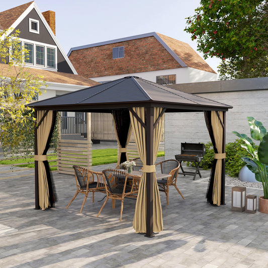 Gazebo 10' x 10' à toit rigide en aluminium avec moustiquaire, rideaux et crochet de suspension, marron