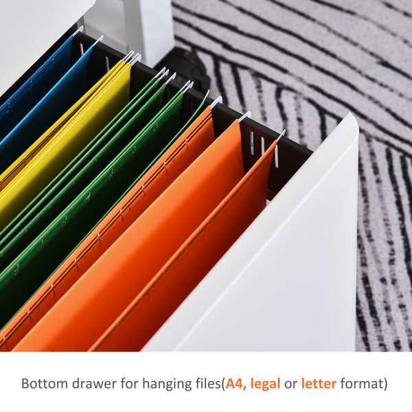 Classeur 3 tiroirs pour bureau à domicile, serrure pour dossiers A4, lettres et format légal, gris et blanc