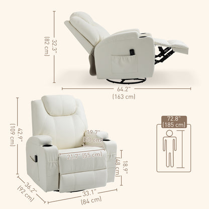Fauteuil massant inclinable à bascule pivotantavec, 8 points de vibration, cuir synthétique, blanc crème