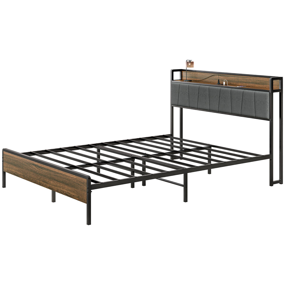 Cadre de lit Queen Size avec station de charge, tête de lit rembourrée et étagère de rangement, noyer