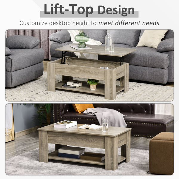 Table basse relevable avec compartiment de rangement dissimulé et étagère ouverte, gris