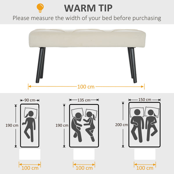 Banc de chambre rembourré moderne avec pieds en acier, blanc crème