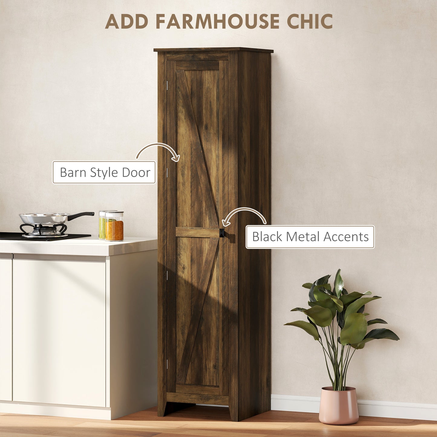 67" Farmhouse Style Kitchen Storage Cabinet with Barn Door and Adjustable Shelves, Brown