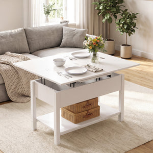 Table basse relevable extensible avec double plateau et rangement intégré, blanc