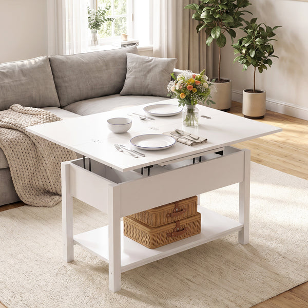 Table basse relevable extensible avec double plateau et rangement intégré, blanc