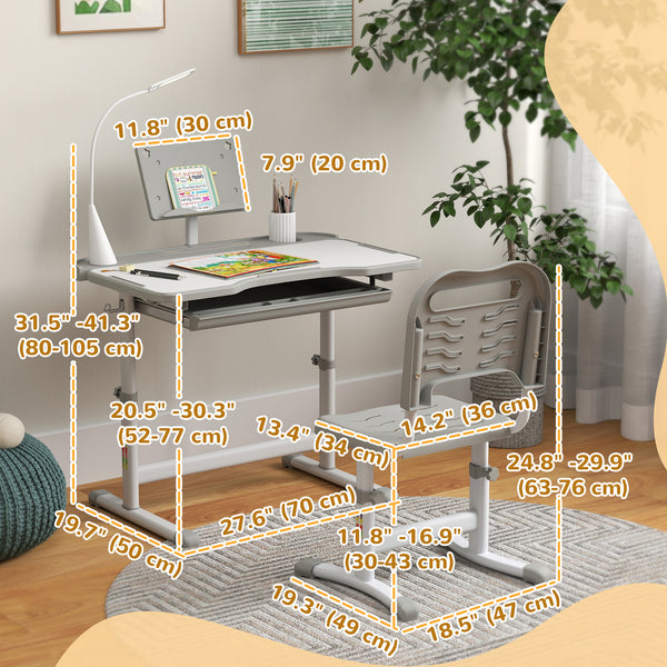 Ensemble bureau et chaise réglable en hauteur avec plateau inclinable, gris