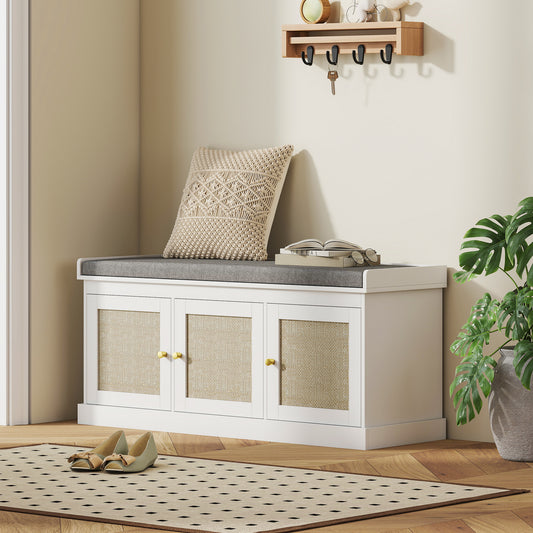 Bbanc d'entrée avec portes en rotin tressé et coussin, étagères réglables, blanc