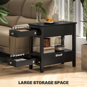 Table d'appoint étroite avec station de charge avec étagère de rangement et tiroirs pour salon, noire