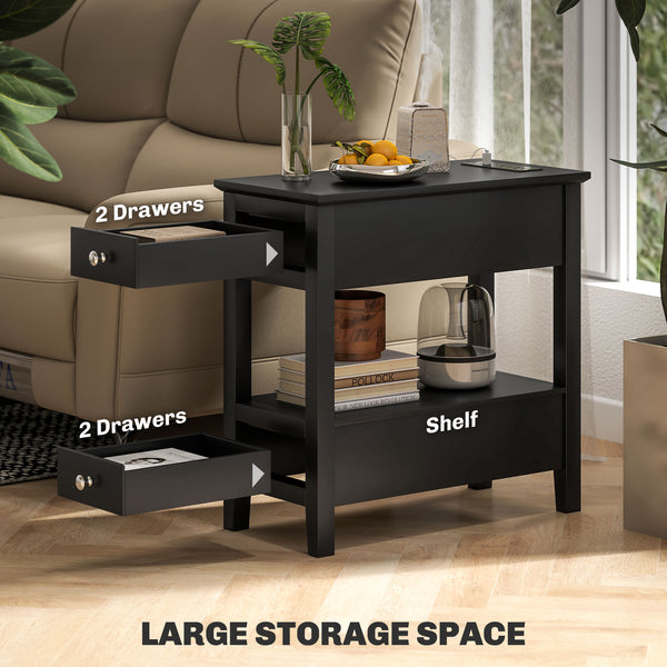 Table d'appoint étroite avec station de charge avec étagère de rangement et tiroirs pour salon, noire