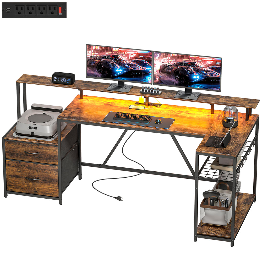 76" Gaming Desk, Computer Table with RGB Lights, USB Ports, Monitor Stand and 2 Fabric Drawers, Rustic Brown