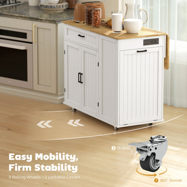Portable kitchen island with charging station, fold-down rubberwood tabletop, waste storage, white