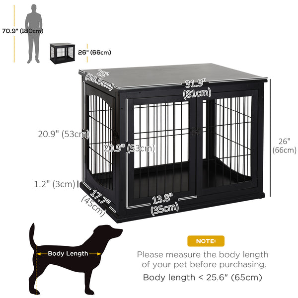 Cage pour chien en bois de 26 pouces avec double porte, noire