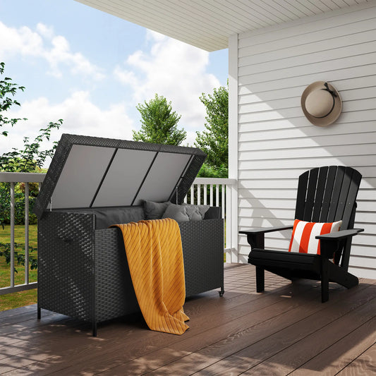 Coffre de terrasse 165 gallons en osier avec doublure imperméable, vérin à gaz et roues universelles, noir