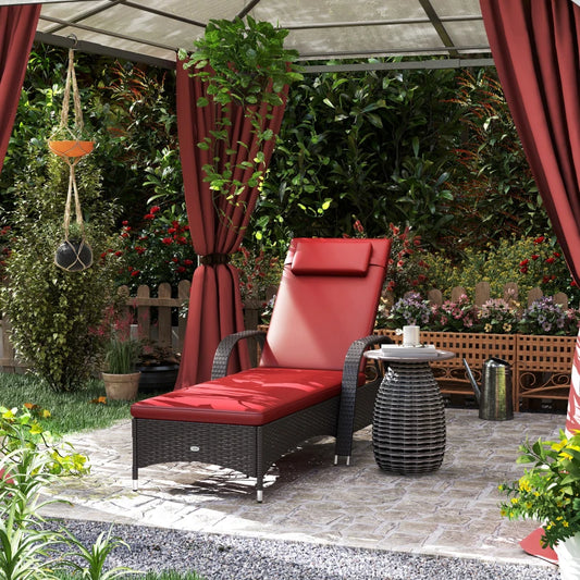 Outsunny Outdoor Sun Lounger, Lounge Chair with Headrest, 5 Level Adjustable, Backrest, Casters, Deep Coffee and Wine Red |