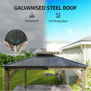 Gazebo 12' x 14' avec toit rigide en acier galvanisé, structure en bois, double toit, couleur noyer clair