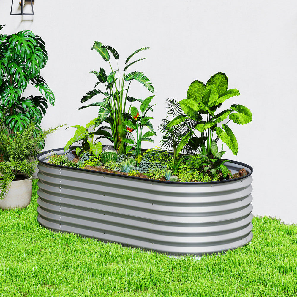 Galvanized oval raised planter, silver color 