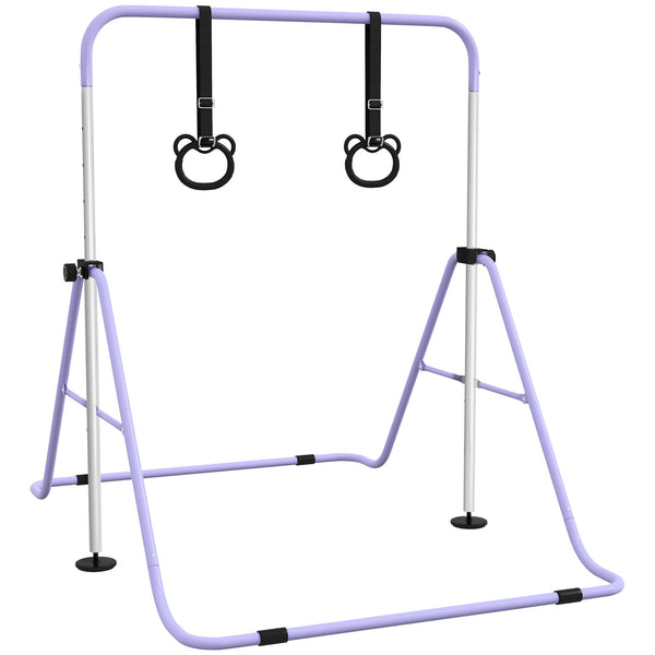 Barre de gymnastique pliable et réglable en hauteur avec anneaux de gymnastique, violet