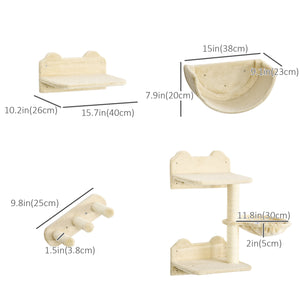 Étagères murales pour chat comprenant un hamac et un griffoir, beige.