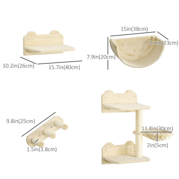 Étagères murales pour chat comprenant un hamac et un griffoir, beige.