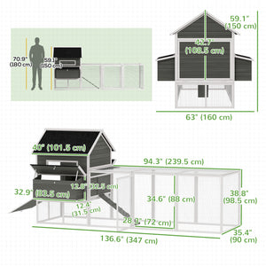 137" Wooden Chicken Coop with Chicken Run, Nesting Box, Dark Grey