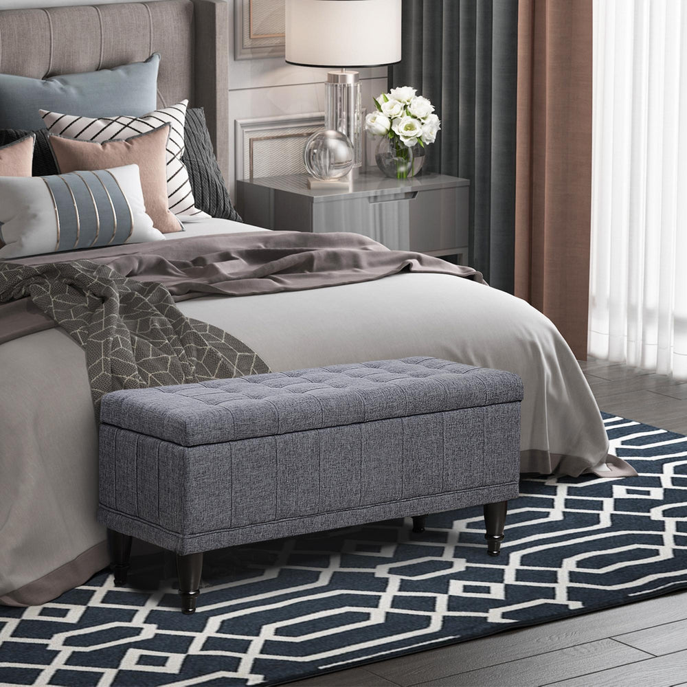 Pouf de rangement en tissu lin avec fermeture douce, gris