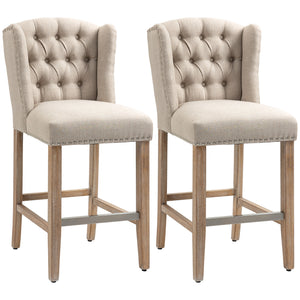 Lot de 2 tabourets de bar, rembourrés avec dossier clouté et repose-pieds, beige