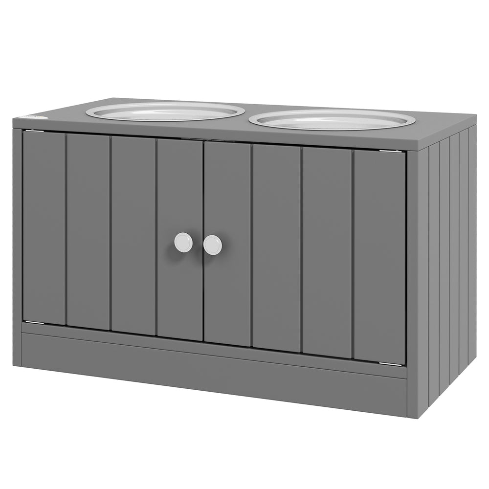 Elevated dog bowls with stand and storage, grey