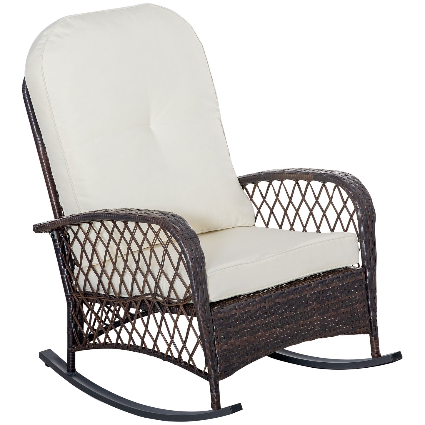 Fauteuil à bascule en rotin et osier avec coussins épais, blanc crème