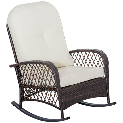 Fauteuil à bascule en rotin et osier avec coussins épais, blanc crème