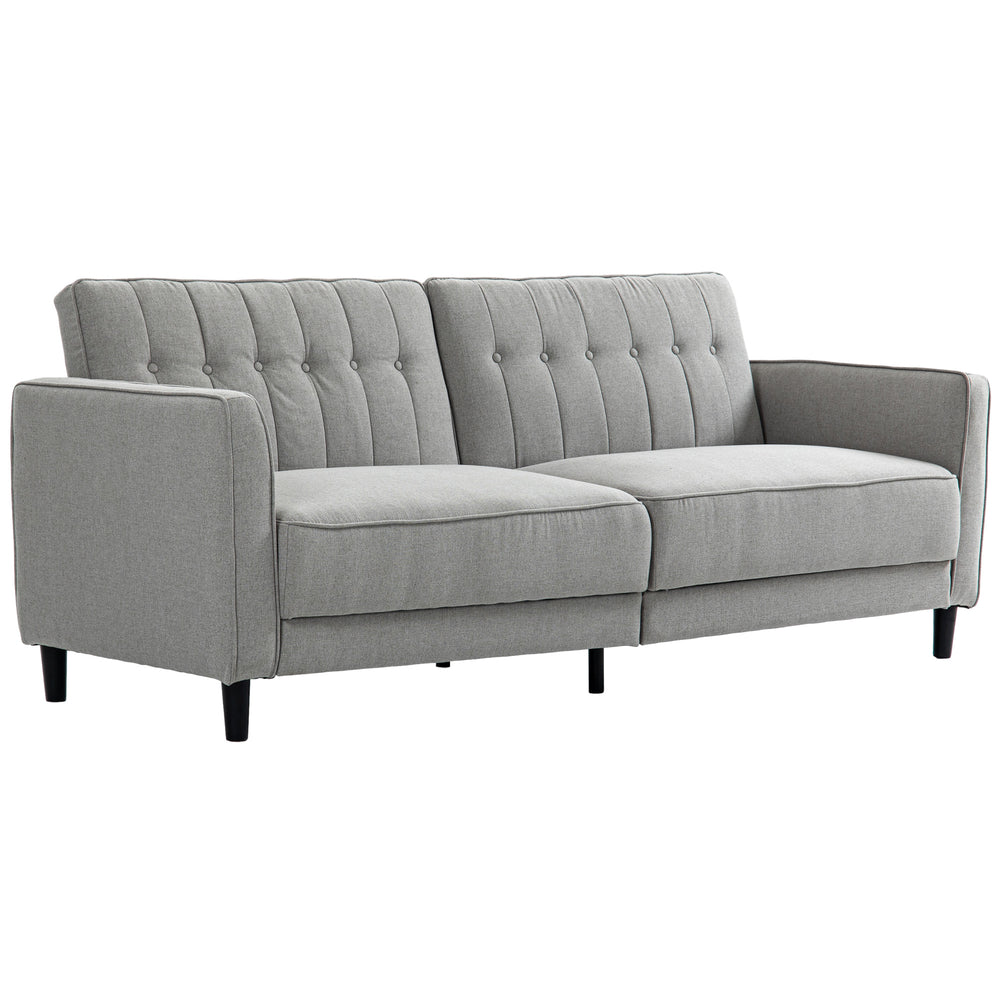 Canapé-lit convertible en tissu gris capitonné avec dossier ajustable, mobilier pratique et élégant pour salon ou chambre d’amis.