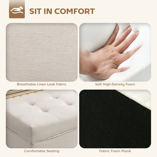 Banc ottoman de rangement avec couvercle relevable et pieds en bois, blanc crème