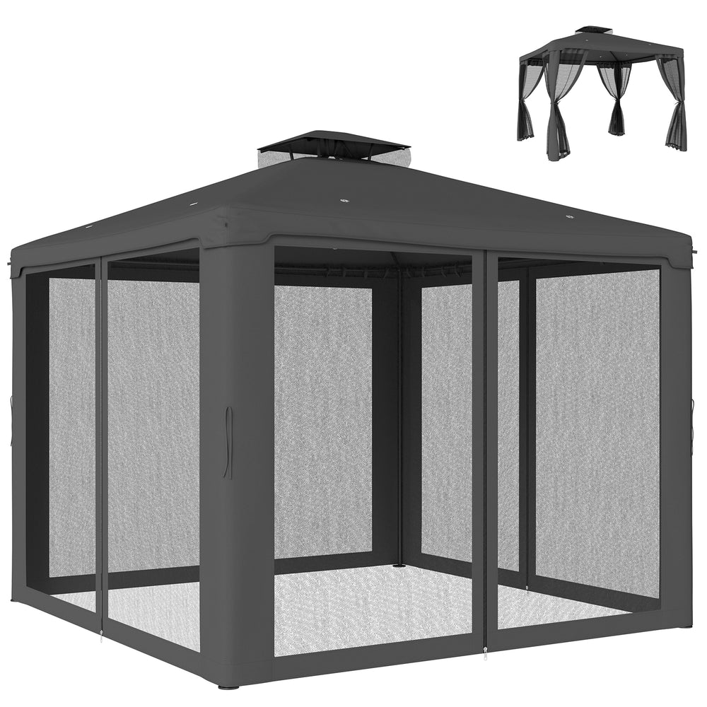Pavillon de jardin 9.6' x 9.6' structure en acier avec moustiquaire, gris foncé