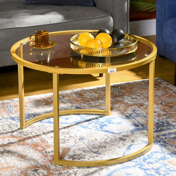 Lot de 2 tables basses rondes modernes avec plateau en verre trempé dorées